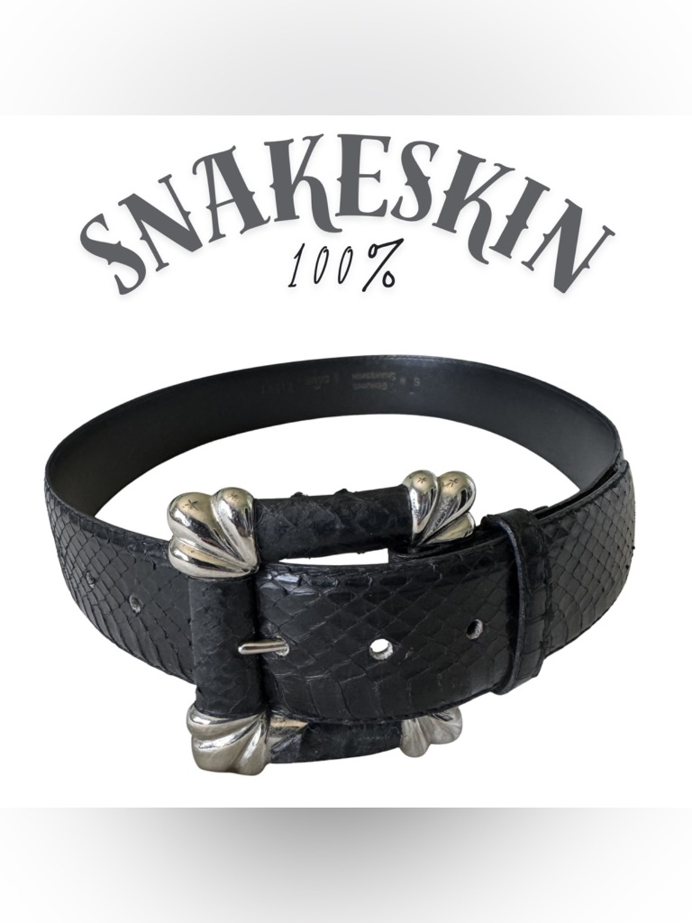 Vintage Women's Dame 100% Genuine‎ Black Snakeskin Belt Silver Shell Buckle